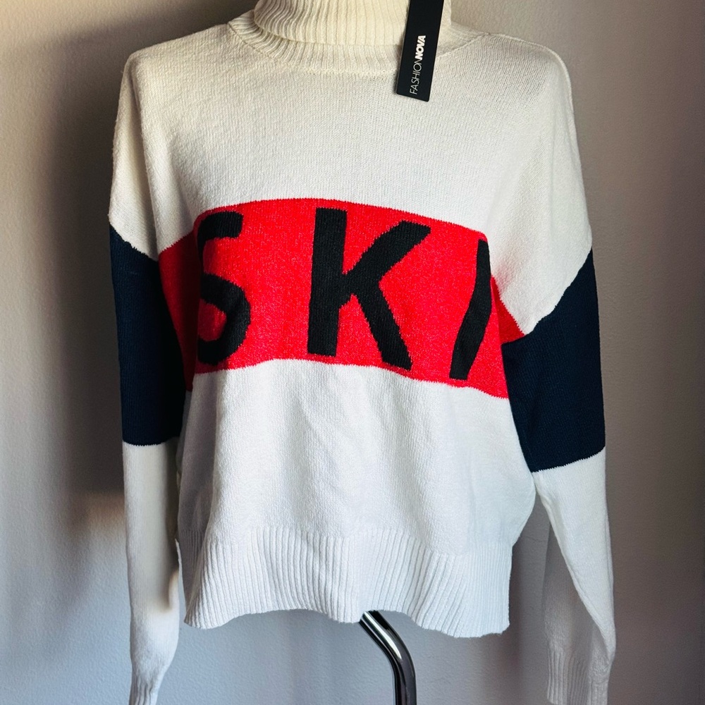 Fashion Nova White, Red, and Black Turtleneck Sweater